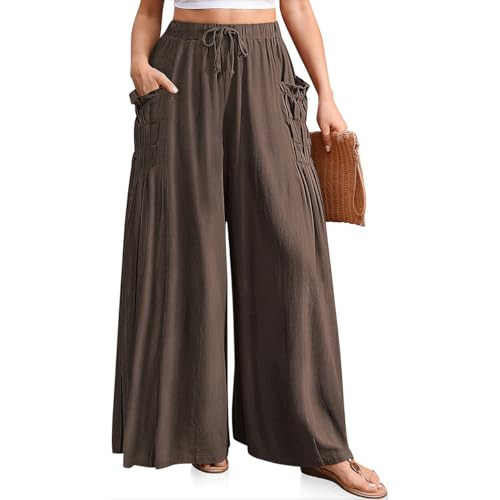 TARSE Women Linen Palazzo Pants Summer Wide Leg Boho Drawstring Casual Lounge Pant Beach Travel Vacation Outfits DarkCoffee, XL | Amazon (US)