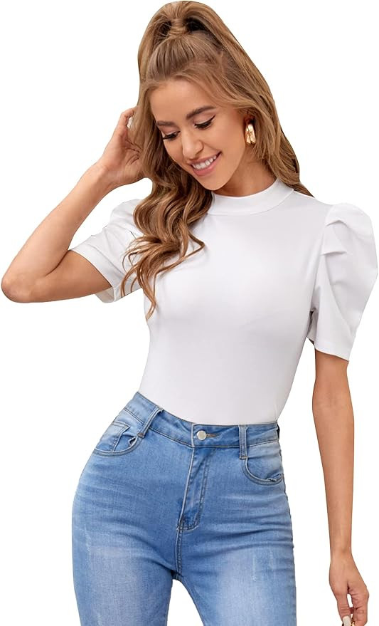 Romwe Women's Puff Short Sleeve Mock Neck Work Office Slim Fit Blouse Tops | Amazon (US)