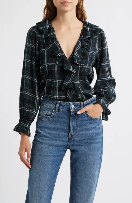 DÔEN Hardy Ruffle Pintuck Organic Cotton Top in Amble Plaid at Nordstrom, Size Medium | Nordstrom