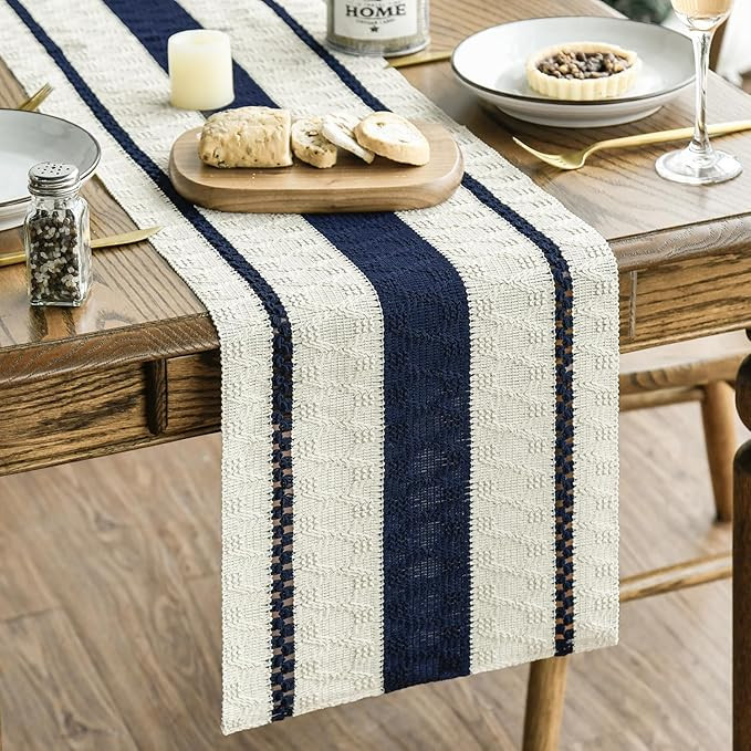 Artoid Mode Dark Blue Farmhouse Woven Rustic Table Runner, Seasonal Holiday Hollow Kitchen Dining... | Amazon (US)