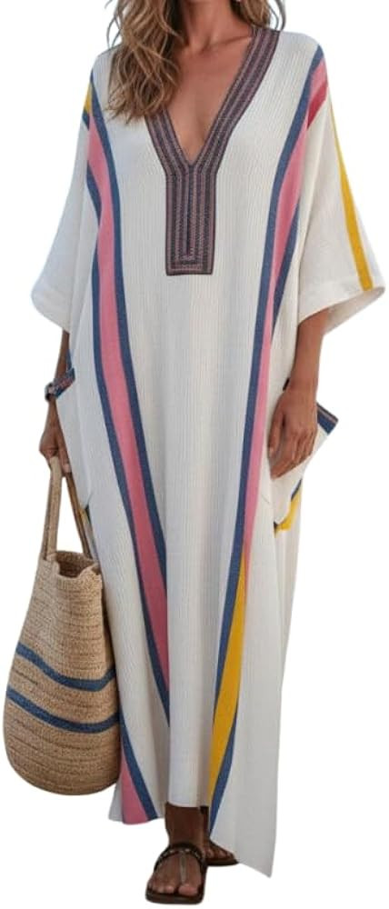 Women's Oversized Cotton Linen Beach Vacation Maxi Dress 3/4 Sleeve Boho Casual Baggy Caftan Dres... | Amazon (US)