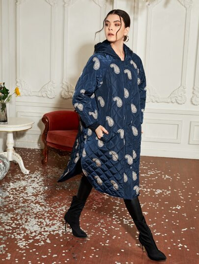 SHEIN X holiCHIC Paisley Print Split Hem Quilted Winter Coat | SHEIN