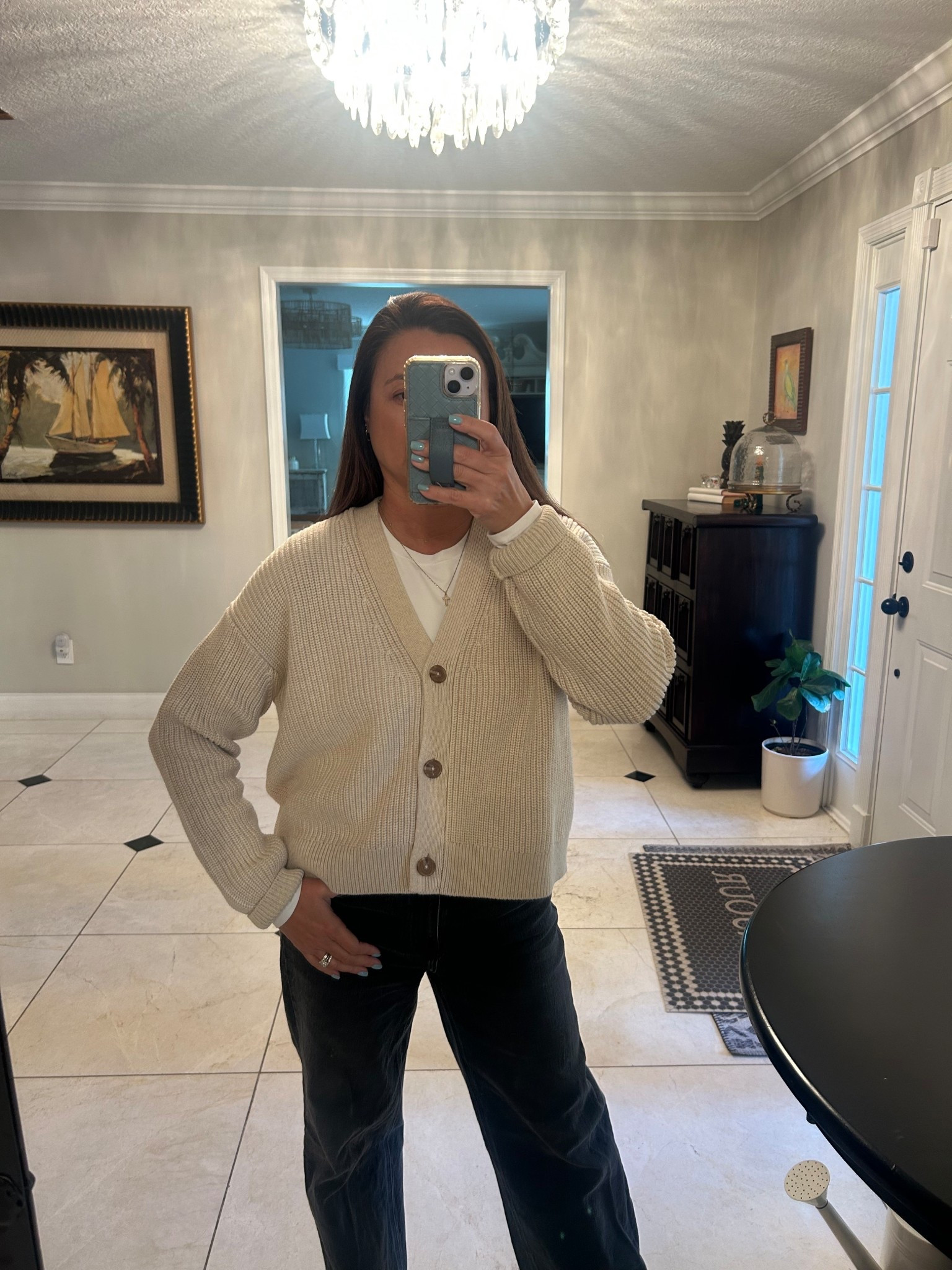 OOTD. Love this combo of the boxy sweater, the perfect layering tee and flattering, comfy black jeans from Quince. 

#LTKOver40 #LTKmomlife #LTKootd