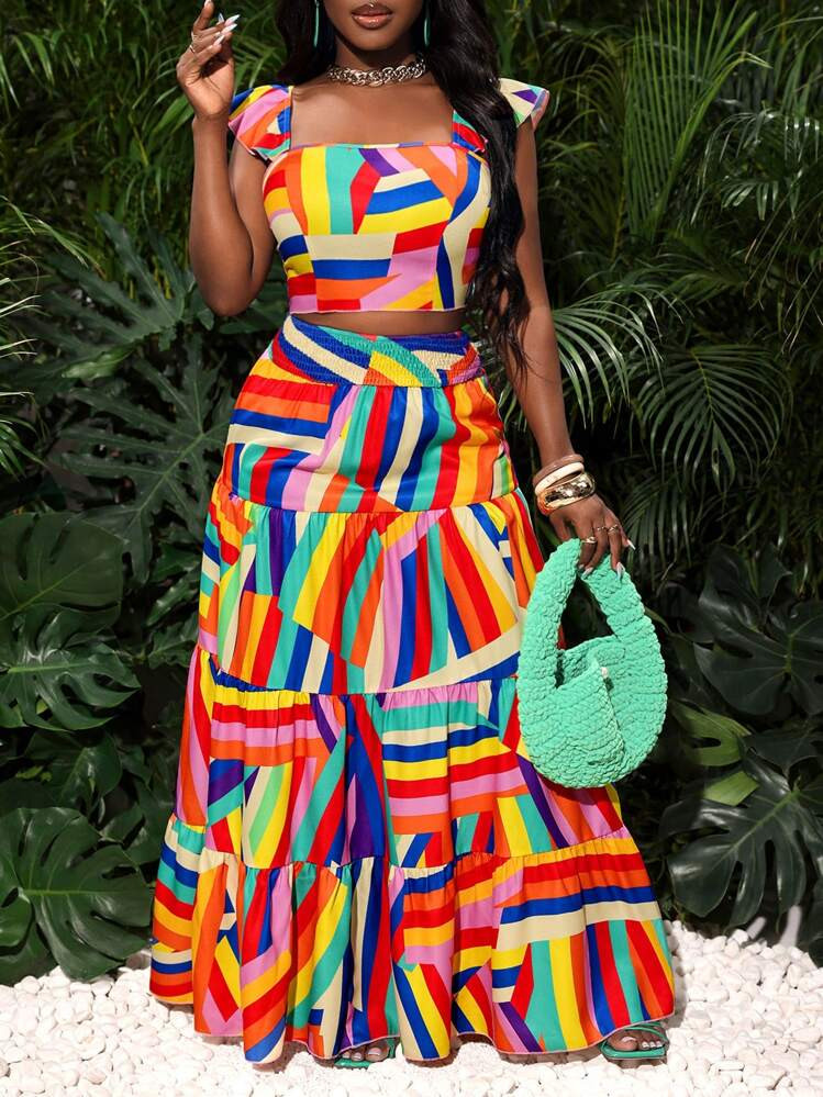 Slaydiva Vacation Casual Colorful Printed Cap Sleeve Spaghetti Strap Tank Top & Layered Maxi Skirt Set | SHEIN