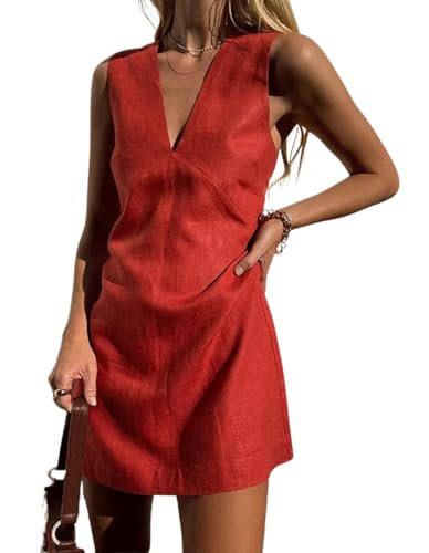 CHARTOU Women's Summer Sleeveless Mini Dress Cotton Linen V Neck Cinched A Line Slim Tank Short D... | Amazon (US)