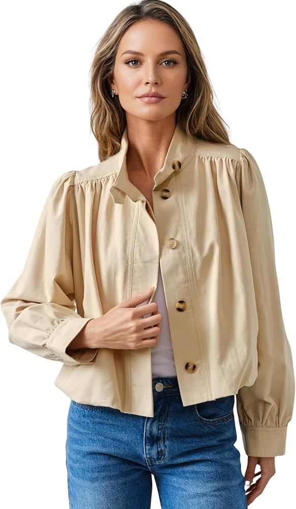 Esmeling Women Button Down Bubble Jacket Puff Sleeve Stand Collar Jacket Cropped Coat with Side P... | Amazon (US)