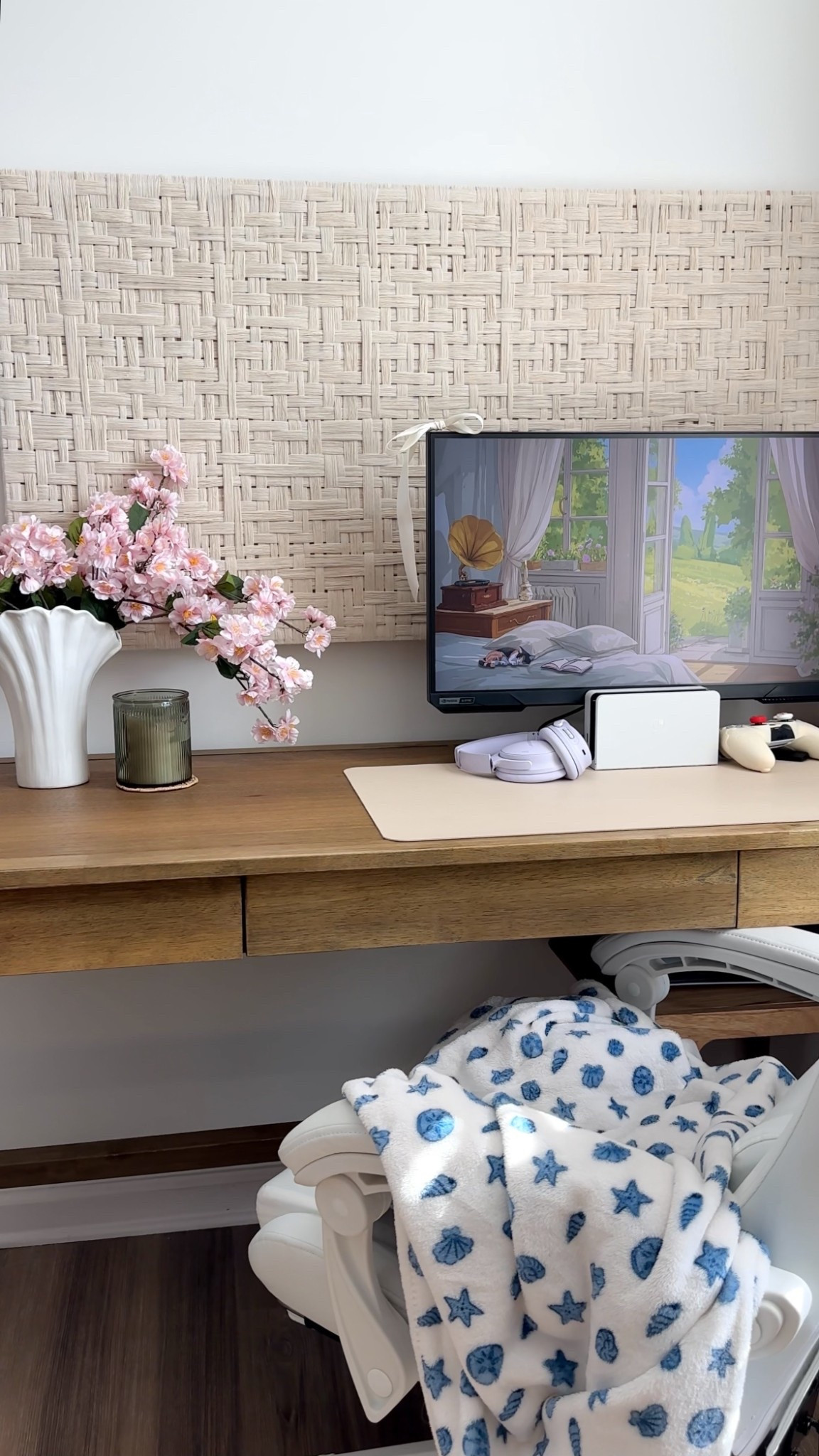 my cozy desk corner! linked what I could :) wall art was a diy, floral stems from Joann’s and vase from Ross 🥰

desk setup, desk space, wood desk, gaming desk, gaming setup, gaming monitor, girly gaming, home decor, cozy at home 

#LTKSeasonal #LTKFindsUnder50 #LTKHome