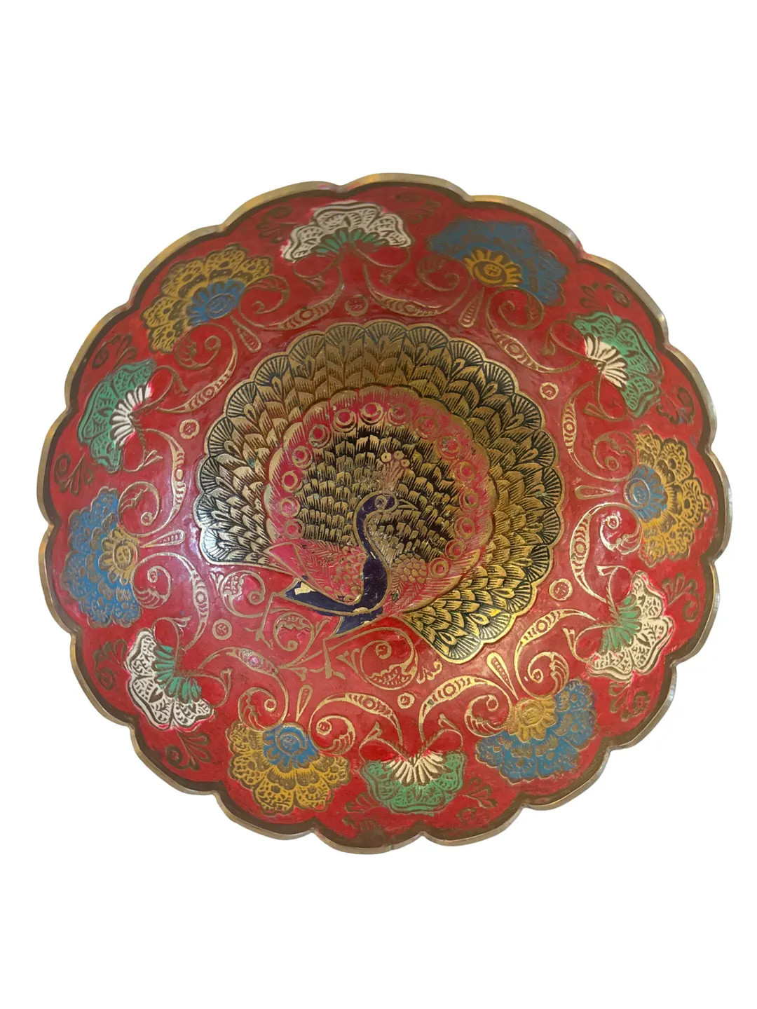 Vintage Hand-painted Enamel Brass Bowl – Peacock Design, Scalloped Edge & Pedestal Base - Etsy | Etsy (US)