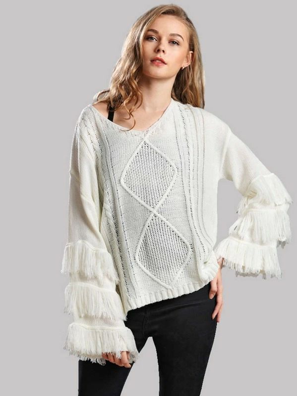 V Neck Layered Fringe Sleeve Sweater | SHEIN