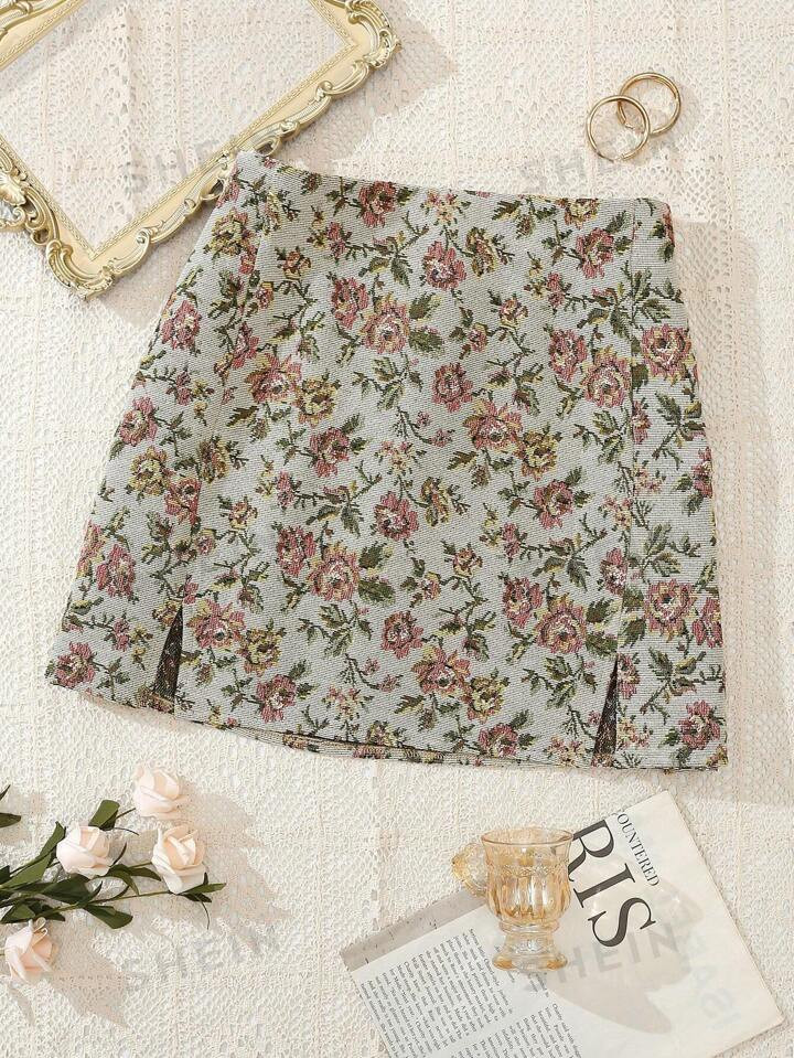 SHEIN Frenchy Plus Floral Print Split Hem Skirt | SHEIN USA | SHEIN