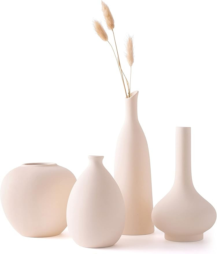 Amazon.com: Beige White Ceramic Vase Set - 4 Small Vases for Decor, Vases for Flowers, Decorative... | Amazon (US)