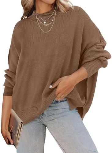 ZESICA Women's Fall 2025 Casual Long Sleeve Crew Neck Side Slit Oversized Ribbed Knit Pullover Sw... | Amazon (US)