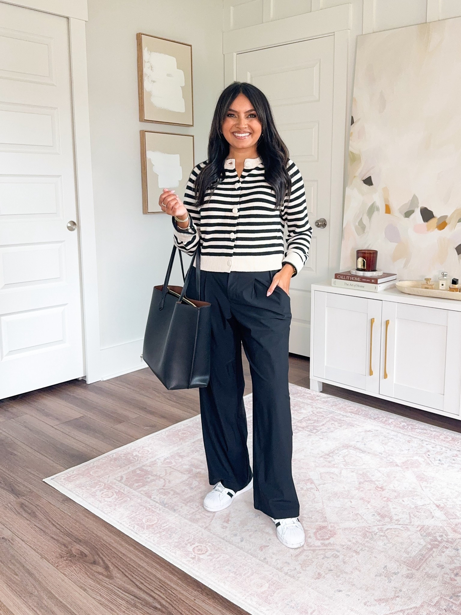 Black stripe cardigan size xs TTS
Black pants size xs petite TTS
Black and white sneakers size 5.5 / 6.5 TTS
