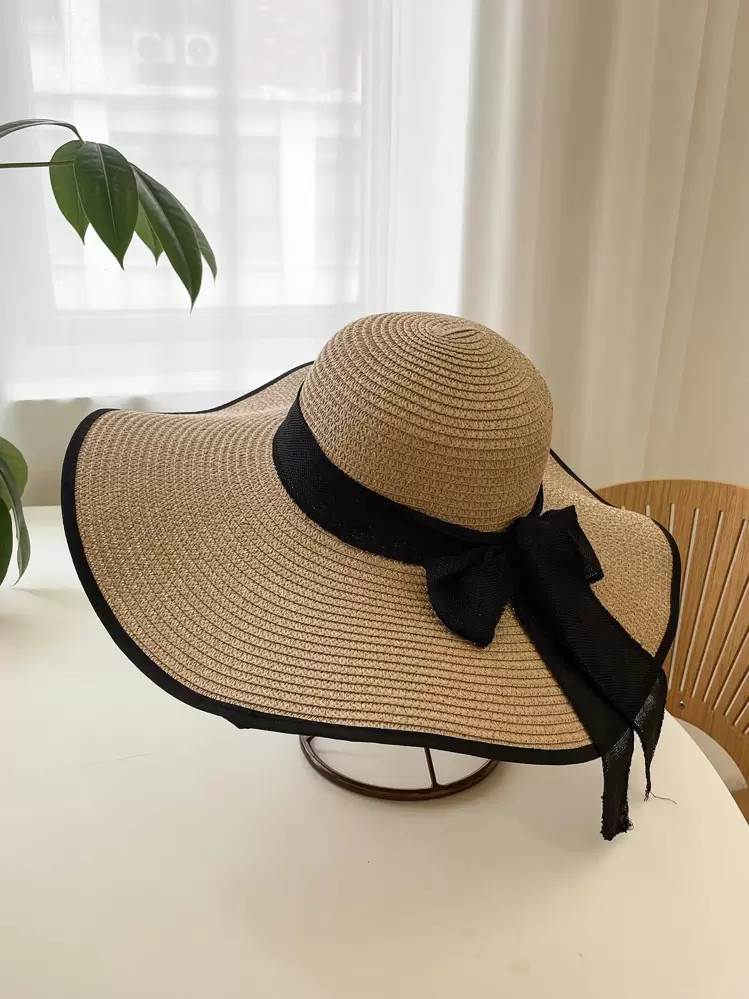 1pc Women Bowknot Skinny Scarf Decor Wide Brim Hat Boho Hat For Summer Beach Holiday | SHEIN