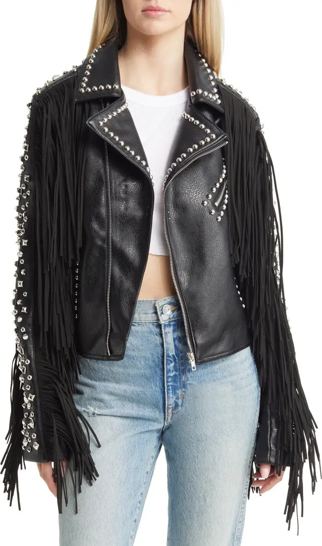 AZALEA WANG Western Fringe & Rivet Detail Faux Leather Jacket | Black Fringe Jacket Outfit | Nordstrom