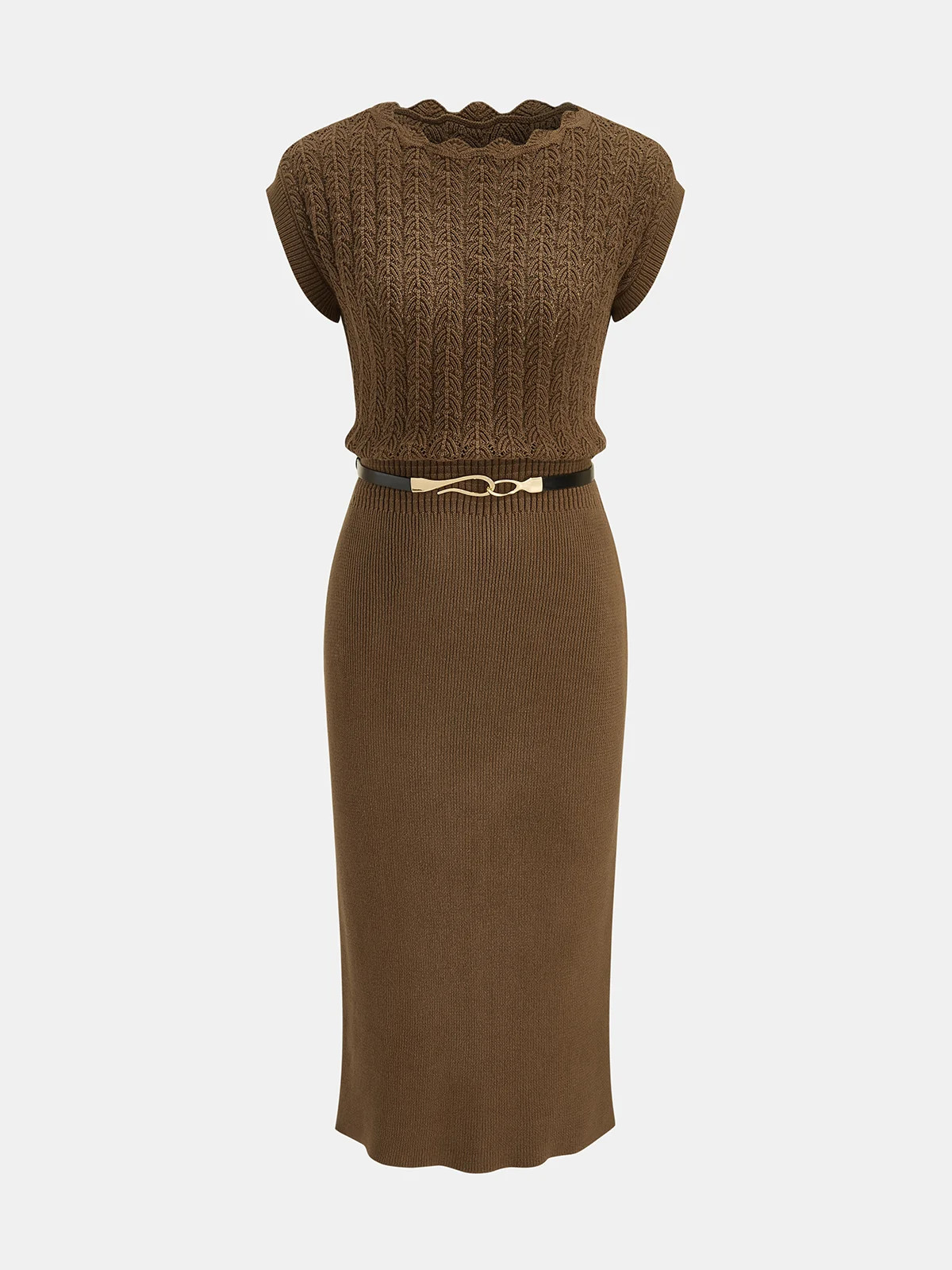 Scallop Neck Belted Knit Midi Dress | Commense