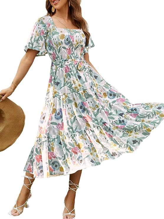 Amegoya Women's Boho Flowy Long Sleeve Square Neck Floral Midi Dress Smocked Spring Fall Wedding ... | Amazon (US)