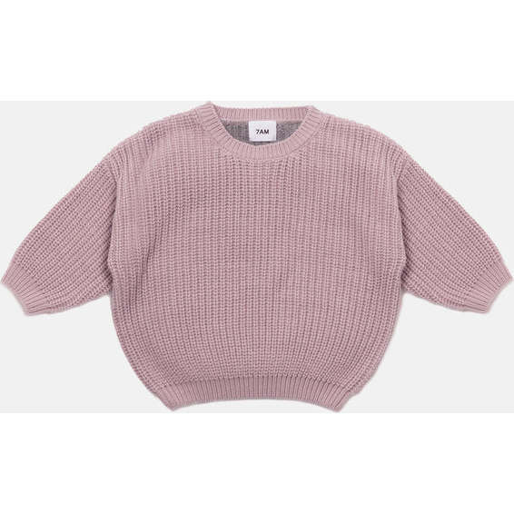 Chunky Ribbed Knit Round Neck Long Sleeve Wide Boxy Fit Sweater, Ash Rose & Grey | Maisonette