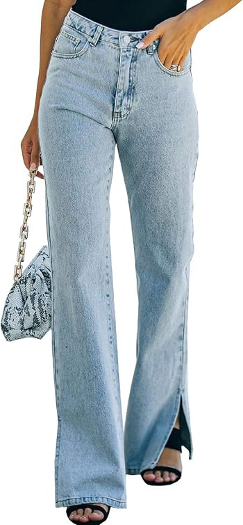 Sidefeel Women Mid Rise Distressed Flare Wide Leg Jeans Ripped Hole Denim Pants | Amazon (US)
