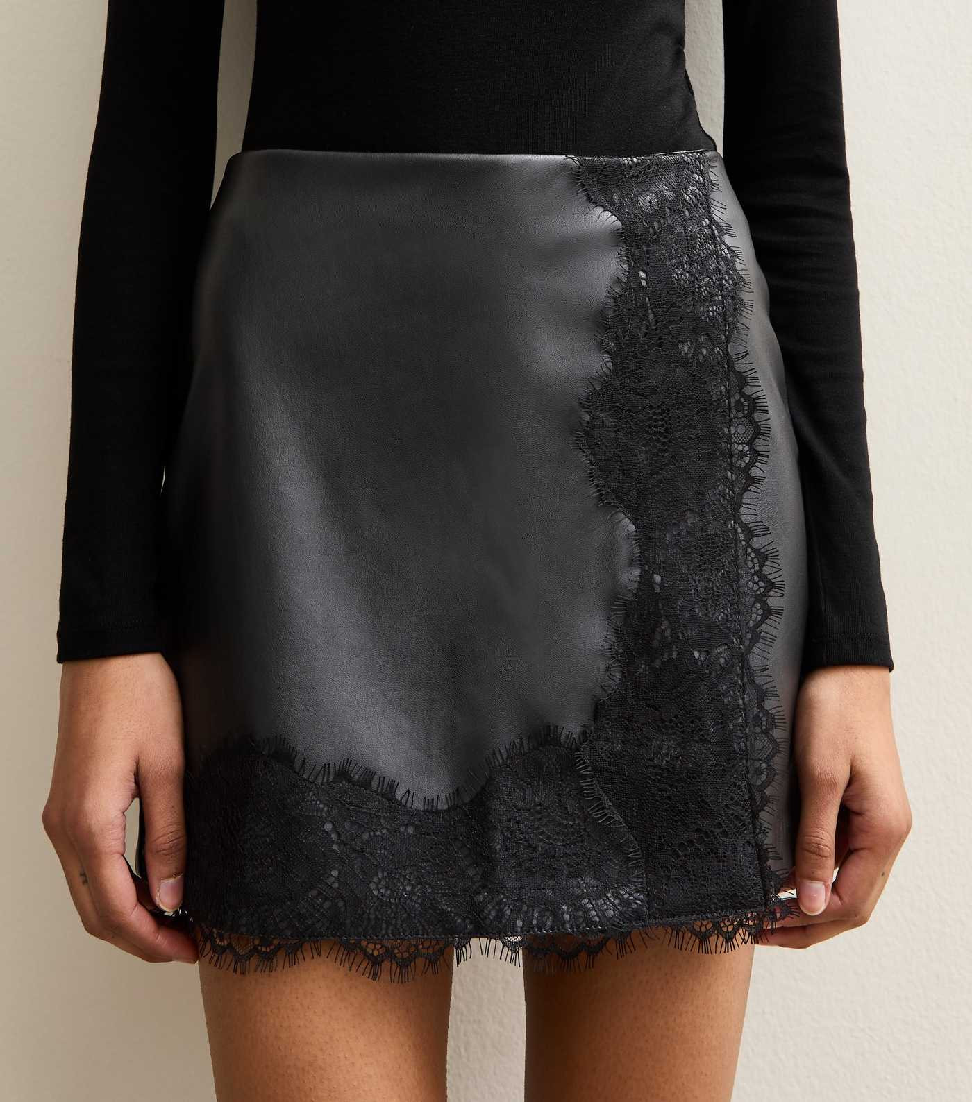Black Faux Leather Lace Trim Wrap Mini Skort | New Look | New Look (UK)