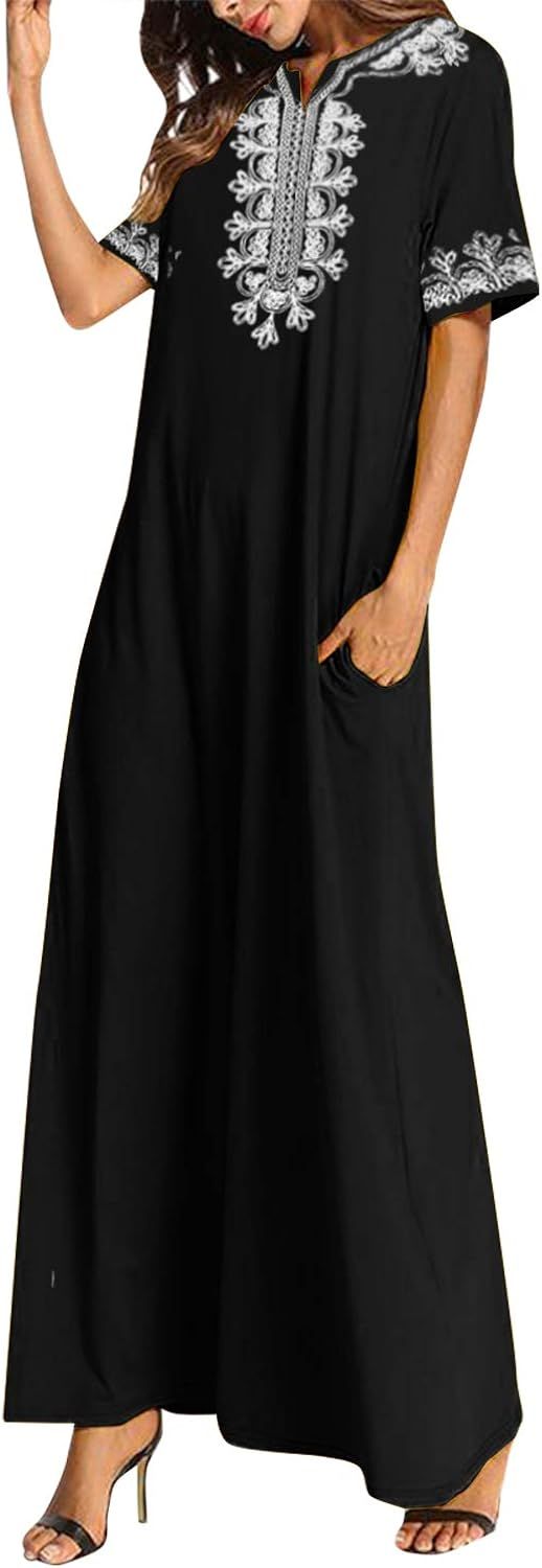 Celmia Women’s Casual Maxi Dress Short Sleeve Loose Vintage Embroidered Long Dresses | Amazon (US)