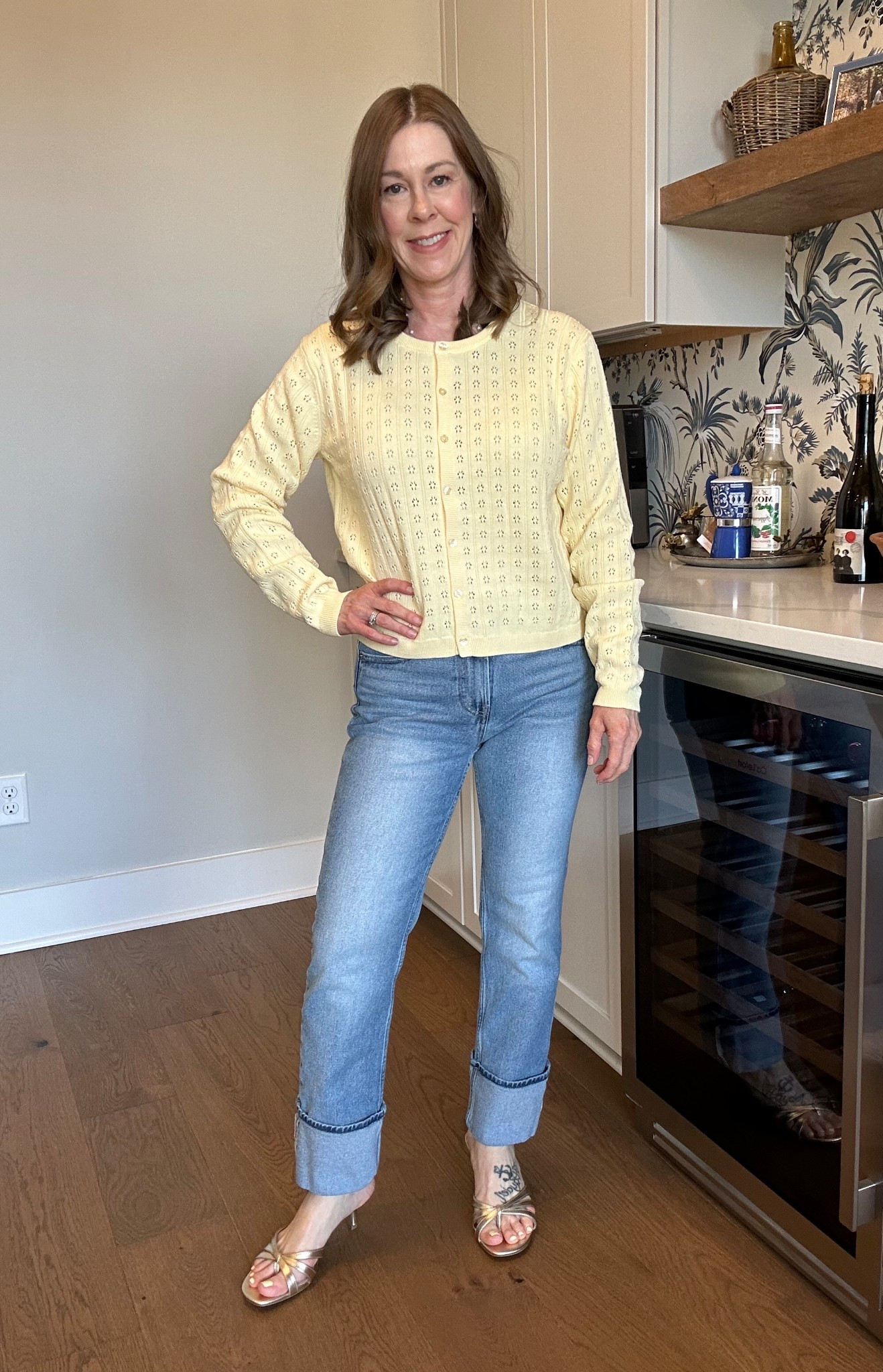 The perfect yellow cardigan! It has an pattern detail! 
I paired it with cuffed jeans and heels! 
#gap #springfashion
#butteryellow

#LTKPetite #LTKootd