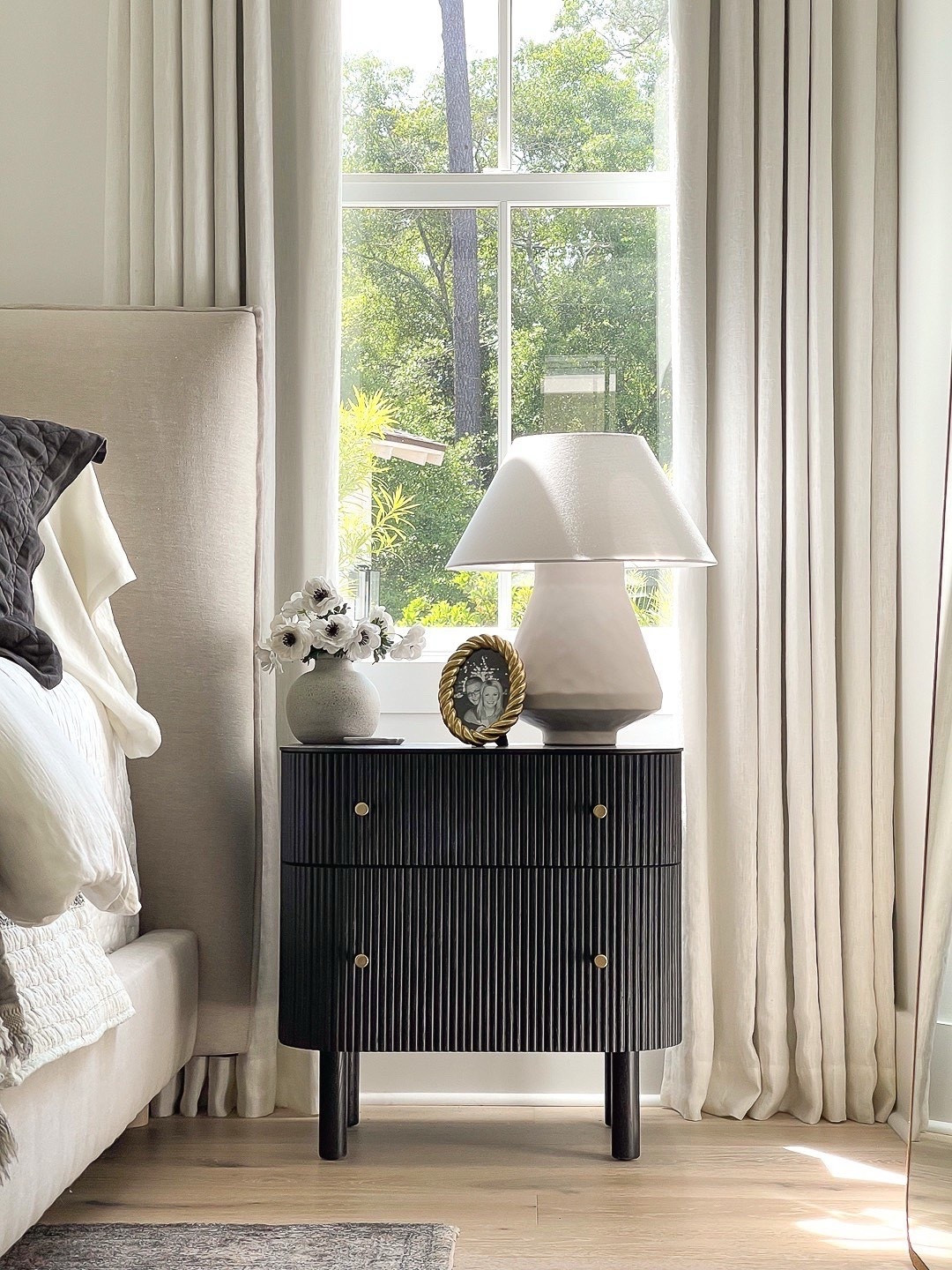 Bedroom decor, black nightstand, black furniture, white curtains, TwoPages curtains, neutral bedding, transitional modern, organic modern 

#LTKSeasonal #LTKHome