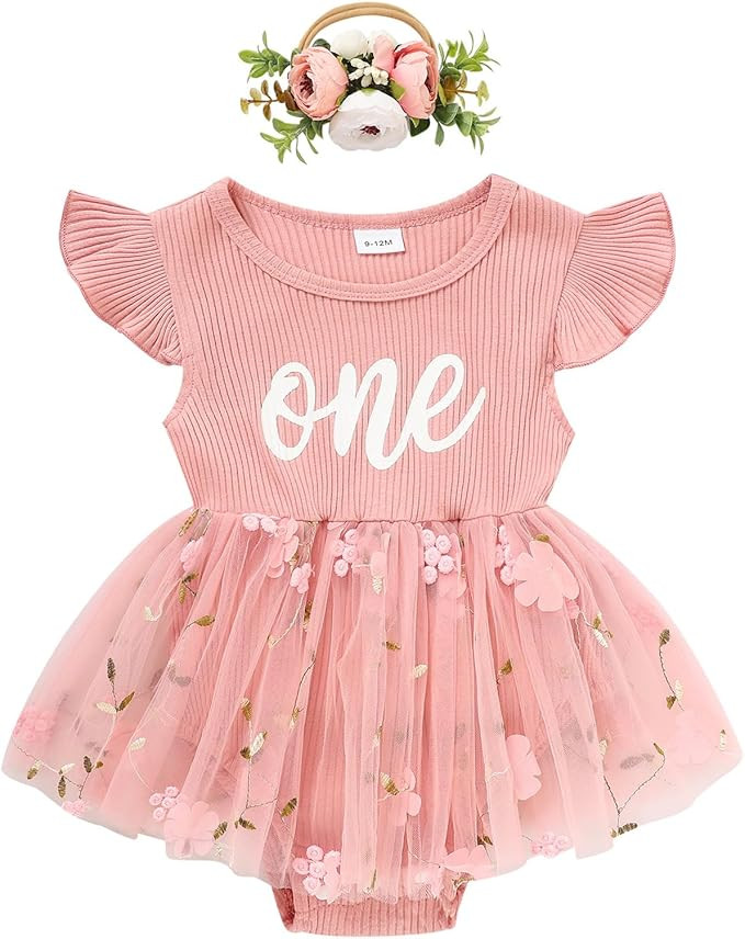 GRNSHTS Baby Girl 1st Birthday Outfits Ribbed Tulle Romper Princess Cake Smash Photo Shoot Clothe... | Amazon (US)