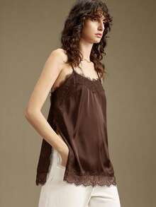 Ontre Women's Coffee Brown Summer Classy Elegant Night Out Satin Crepe Lace Trim Spaghetti Strap ... | SHEIN