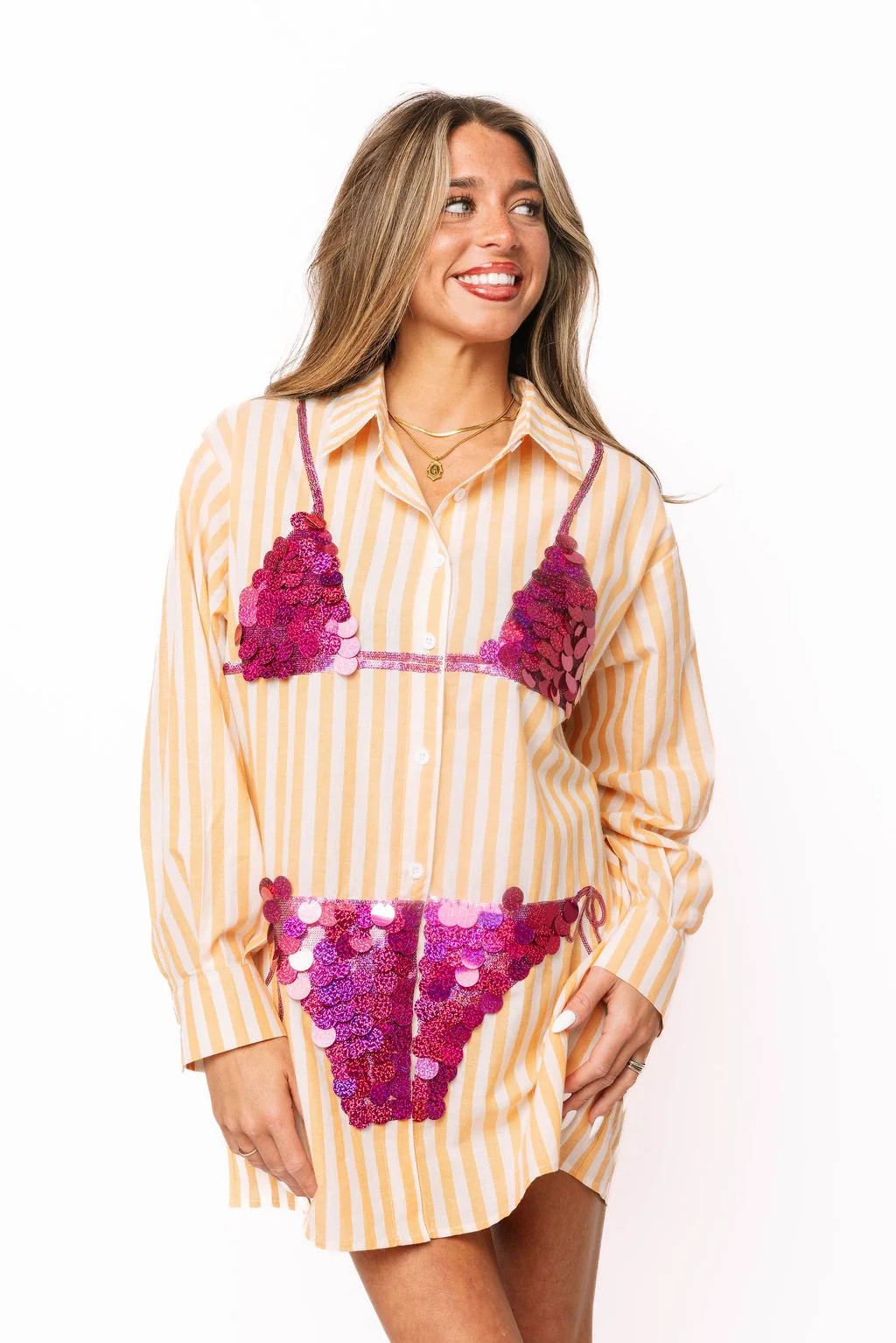 Orange Striped Pink Paillette Bikini Tunic | Queen of Sparkles
