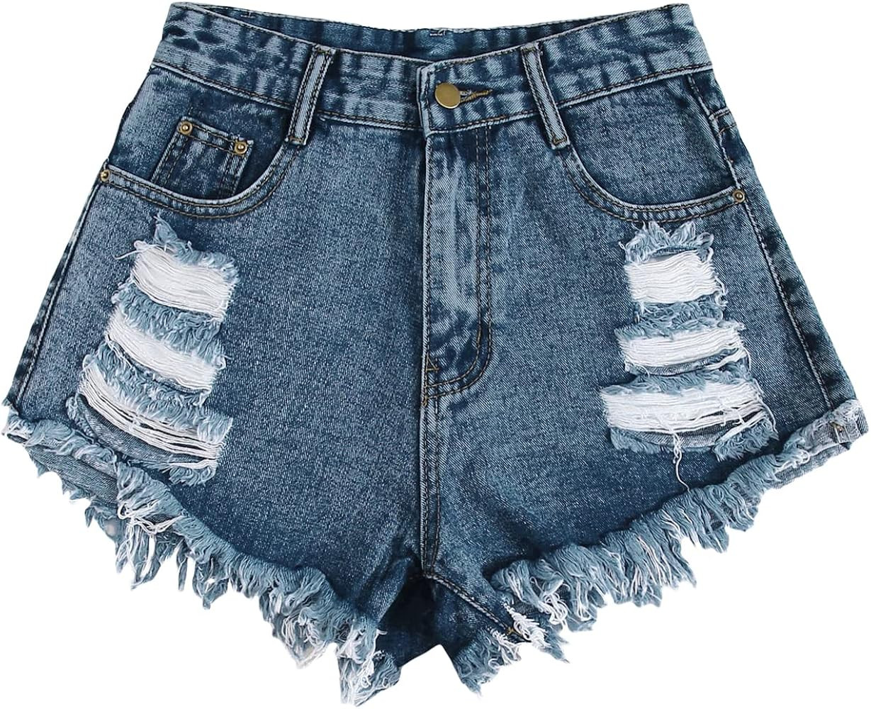 WDIRARA Women's Raw Hem Ripped Button Front Wide Leg Denim Jeans Casual Solid Shorts | Amazon (US)