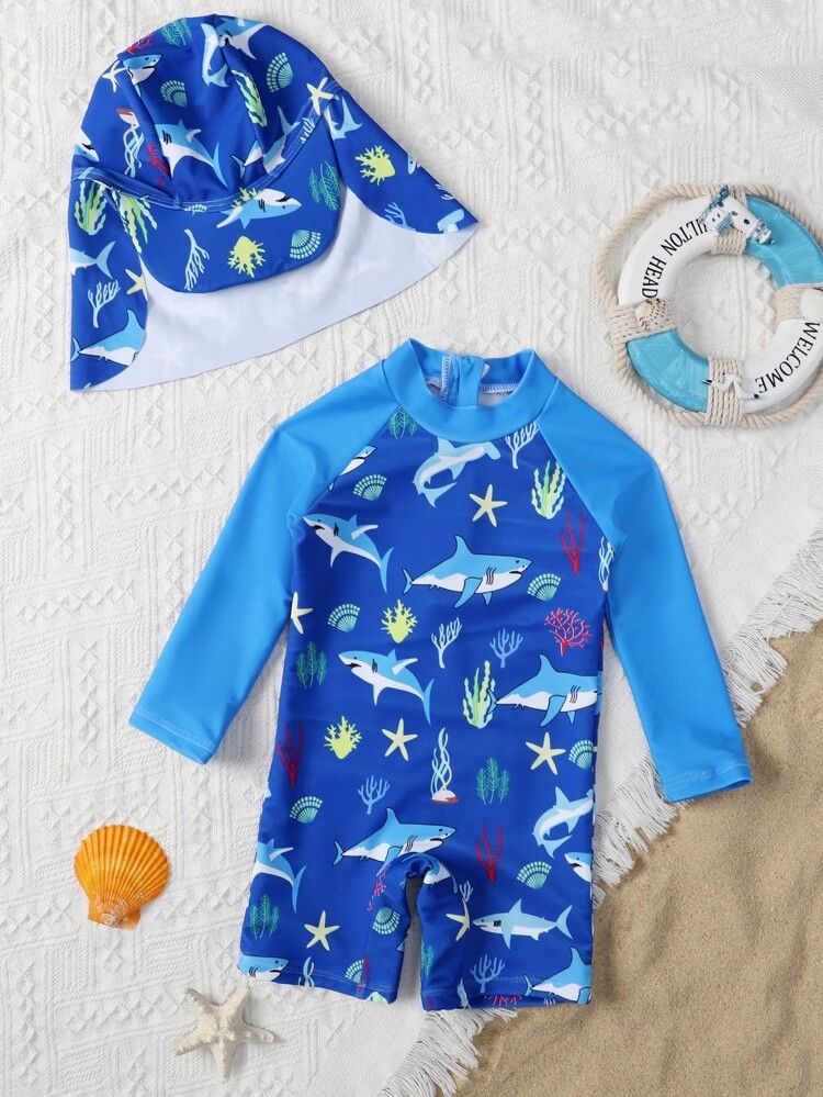 Baby Boy Underwater World Print Zipper Back One Piece Swimsuit With Cap | SHEIN
