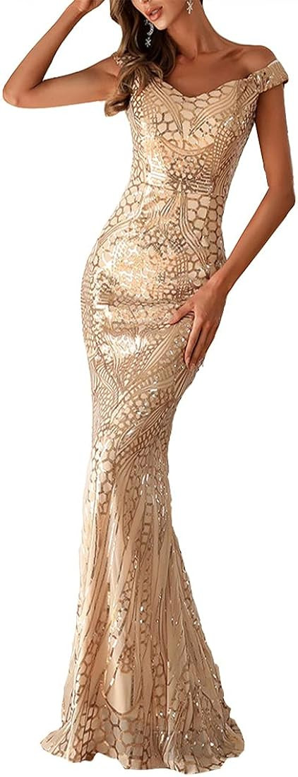 V/A Women V Neck Off Shoulder Backless Sleeveless Floor Length Sequin Wedding Evening Party Maxi ... | Amazon (US)