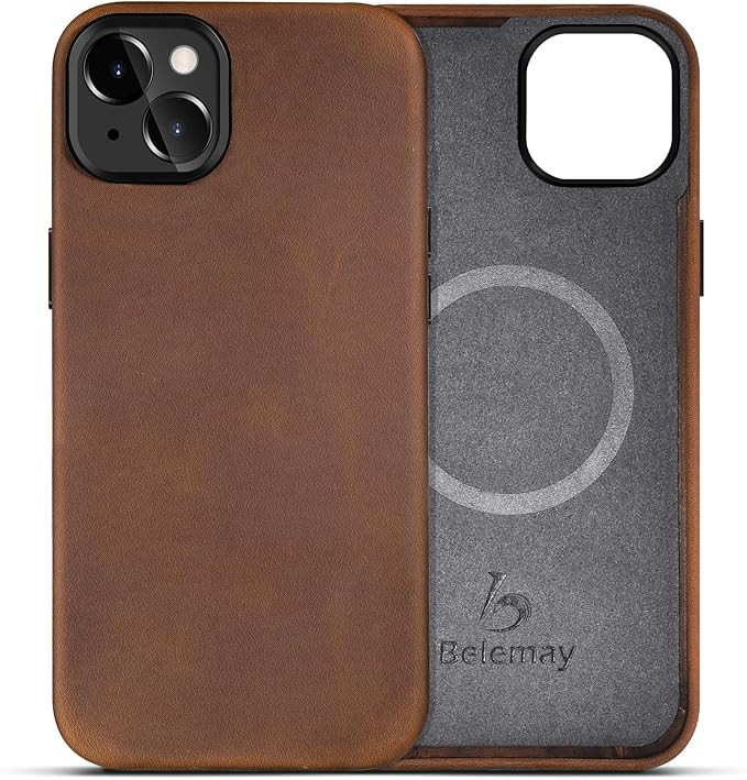 Belemay Compatible with iPhone 15 Leather Case Magsafe - Top Grain Vintage Crazy Horse Leather - ... | Amazon (US)
