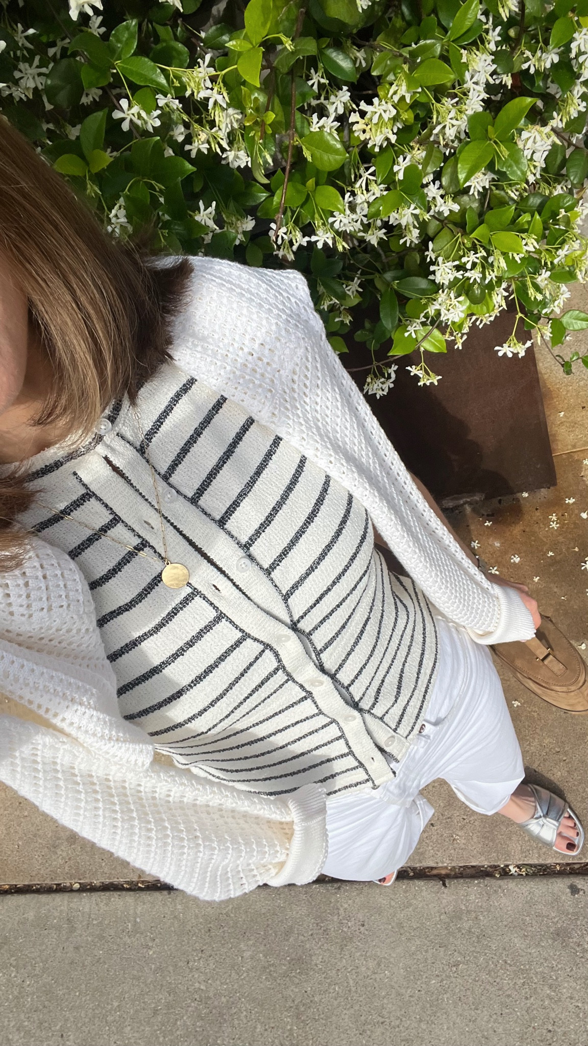 Striped sleeveless tank/vest madewell 
White loose fitting cuffed denim agolde 
Open knit pullover Varley
Silver metallic slides Seychelles EVEREVE 

#LTKfindsunder100 #LTKstyletip #LTKshoecrush