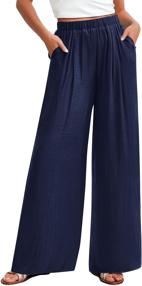 KIRUNDO Flowy Pants for Women Summer 2026 Wide Leg Palazzo Pants Elastic Waist Lounge Trousers Po... | Amazon (US)