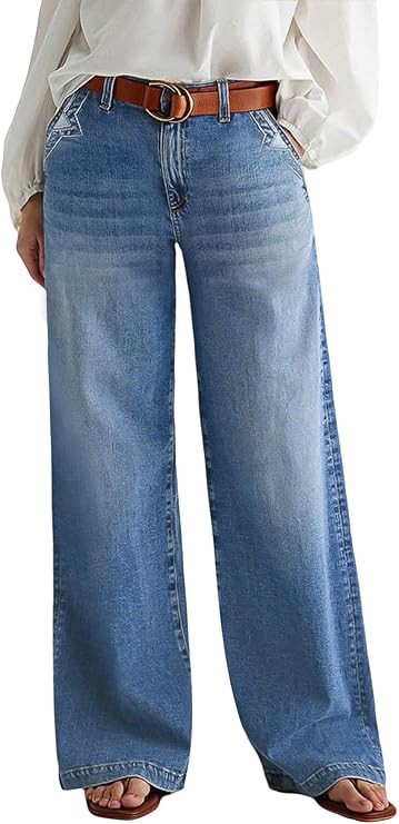 Flamingals Wide Leg Jeans for Women Mid Waist Baggy Stitch Decor Denim Washed Pants Without Belt | Amazon (US)