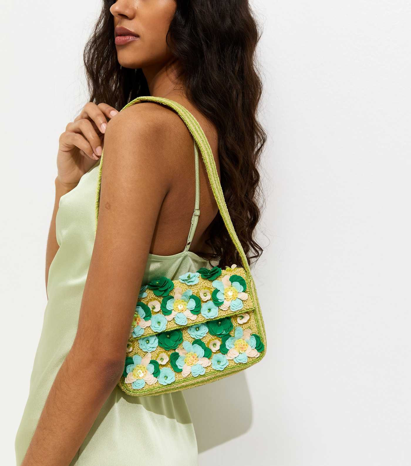 Green Beaded Sequin Flower Shoulder Bag | New Look | New Look (UK)