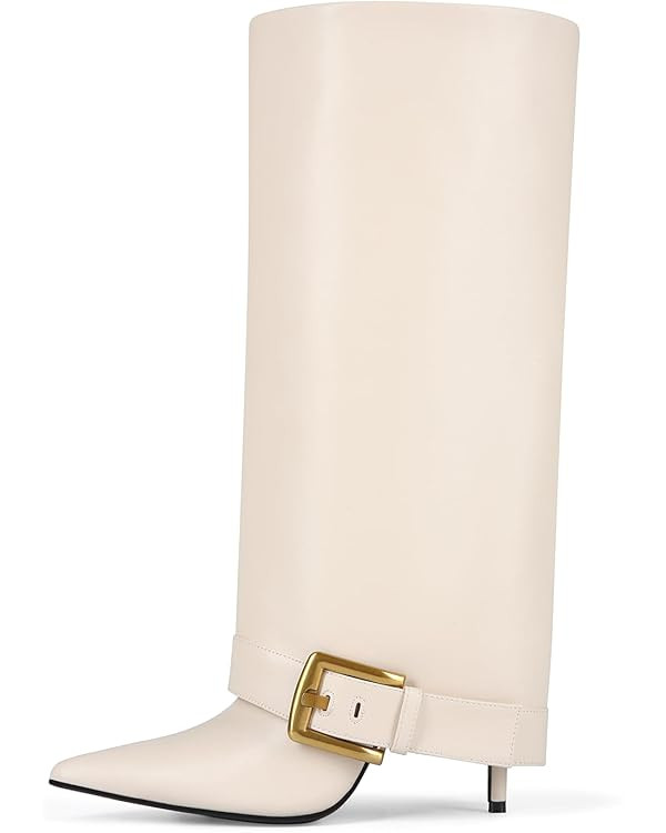 Fold Over Boots for Women, Heeled Knee High Leather Boots with 4-Inch Stiletto Heel, Wide Calf & ... | Amazon (US)