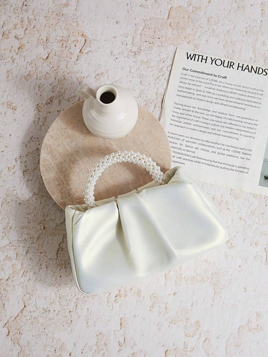 Enchnt Small Ruched Bag Faux Pearl Decor Top Handle For Daily Vintage Embroidered Crossbody Frame... | SHEIN