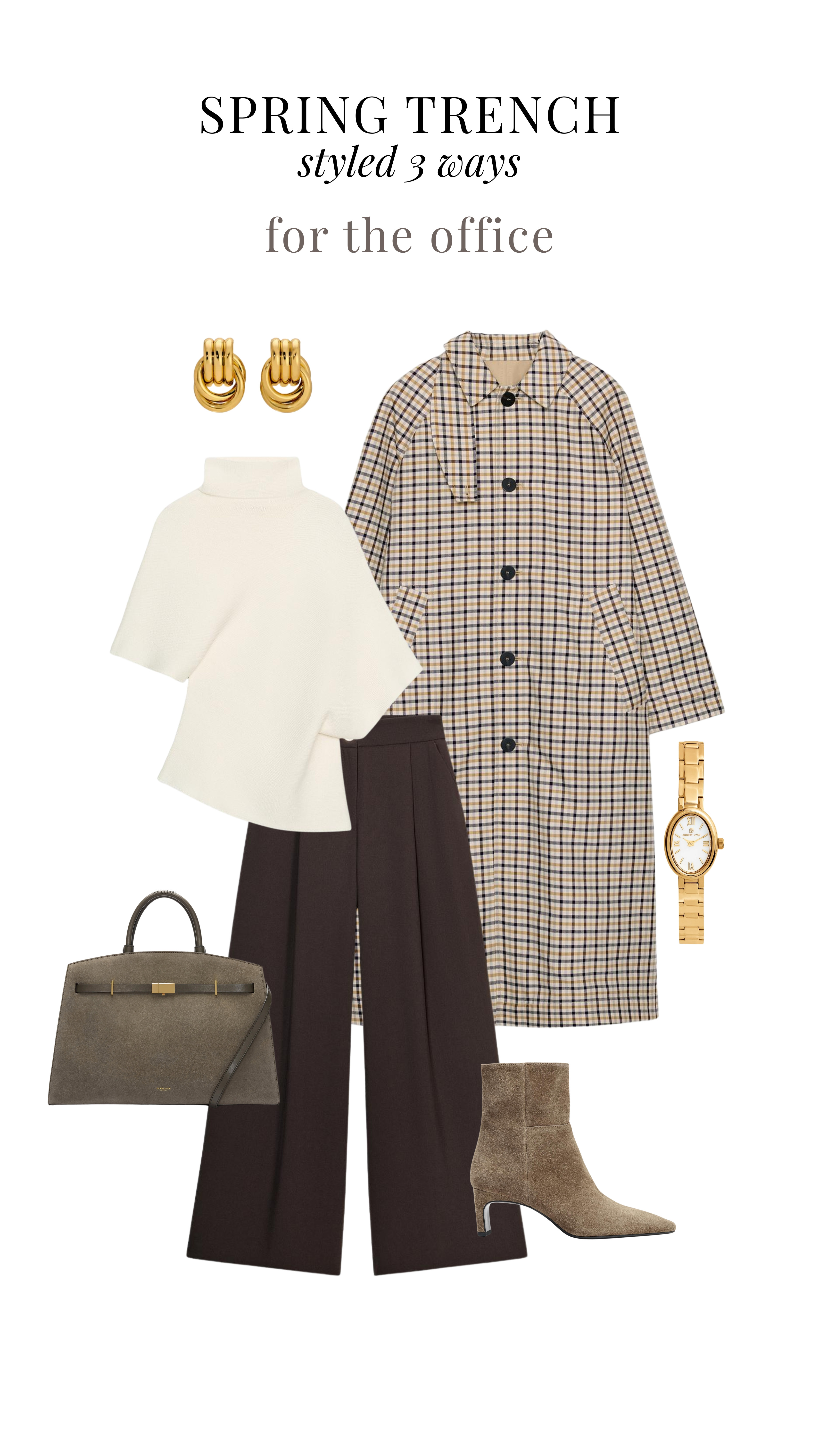 Spring Trench Styled 3 Ways: For the Office ✨

Reversible coat, trench coat, check trench, high neck top, work wear trousers, tailored trousers, demellier, suede boots, suede handbag, work bag, work wear, office outfit 

 #LTKootd #LTKSeasonal #LTKWorkwear