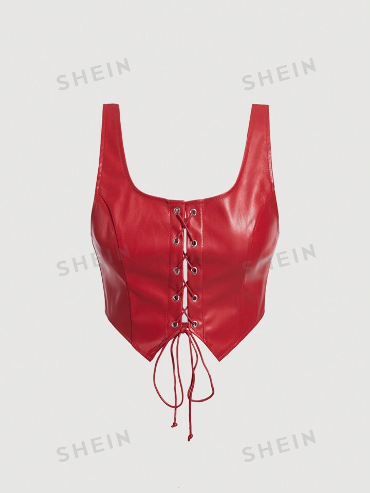 SHEIN MOD Lace Up Front PU Leather Tank Top | SHEIN