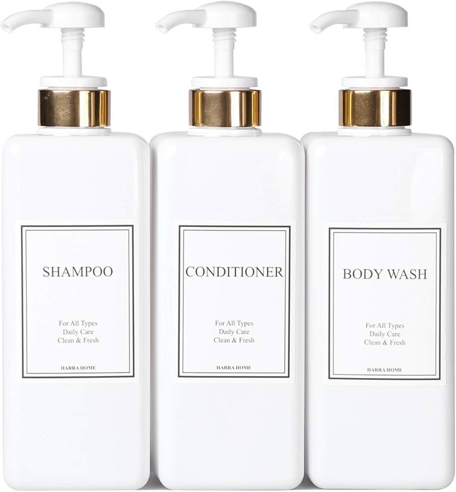 Amazon.com: HARRA HOME Modern Gold Design Pump Bottle Set 27 oz Refillable Shampoo and Conditione... | Amazon (US)