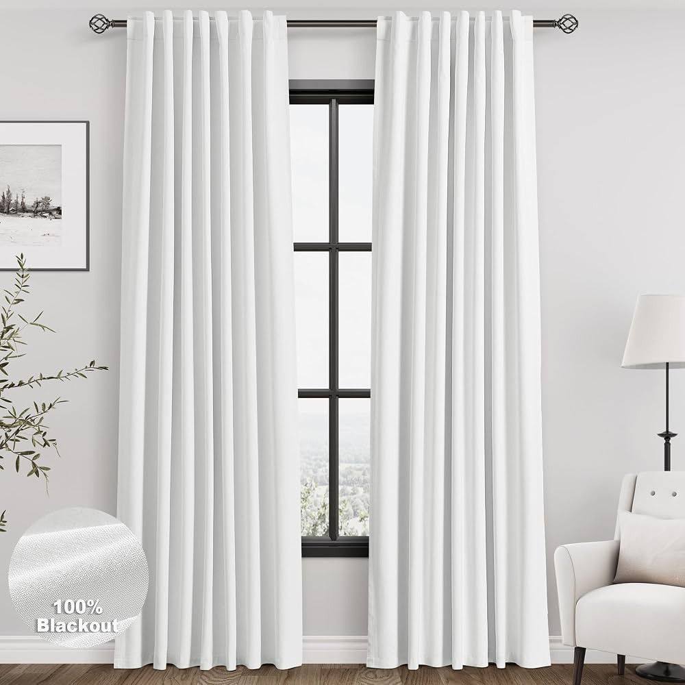 White Linen Blackout Curtains 84 Inches Long 2 Panels for Living Room Back Tab Modern Cotton Text... | Amazon (US)