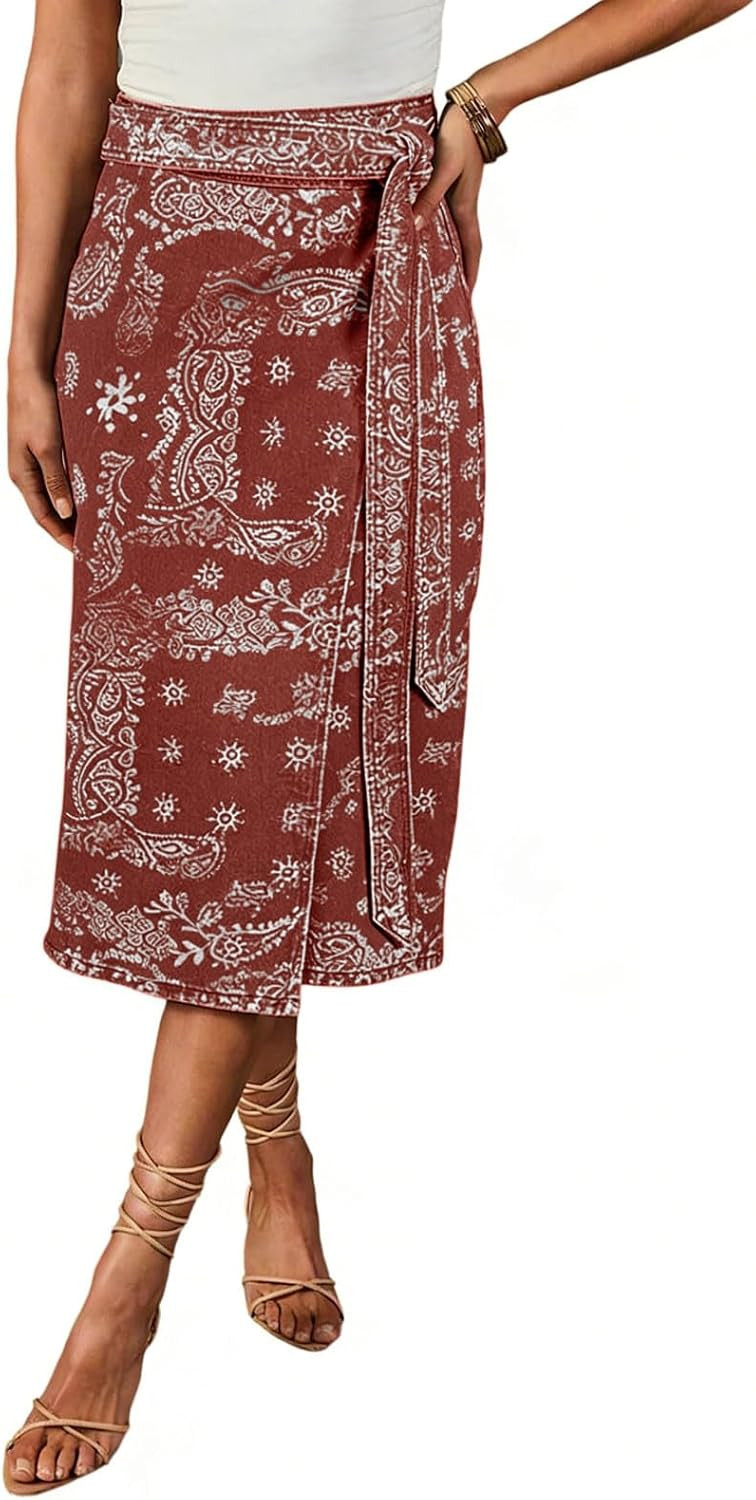 Women Western Wrap Denim Skirt Floral Print High Waist Tie Side Slit Midi Jean Pencil Skirts | Amazon (US)