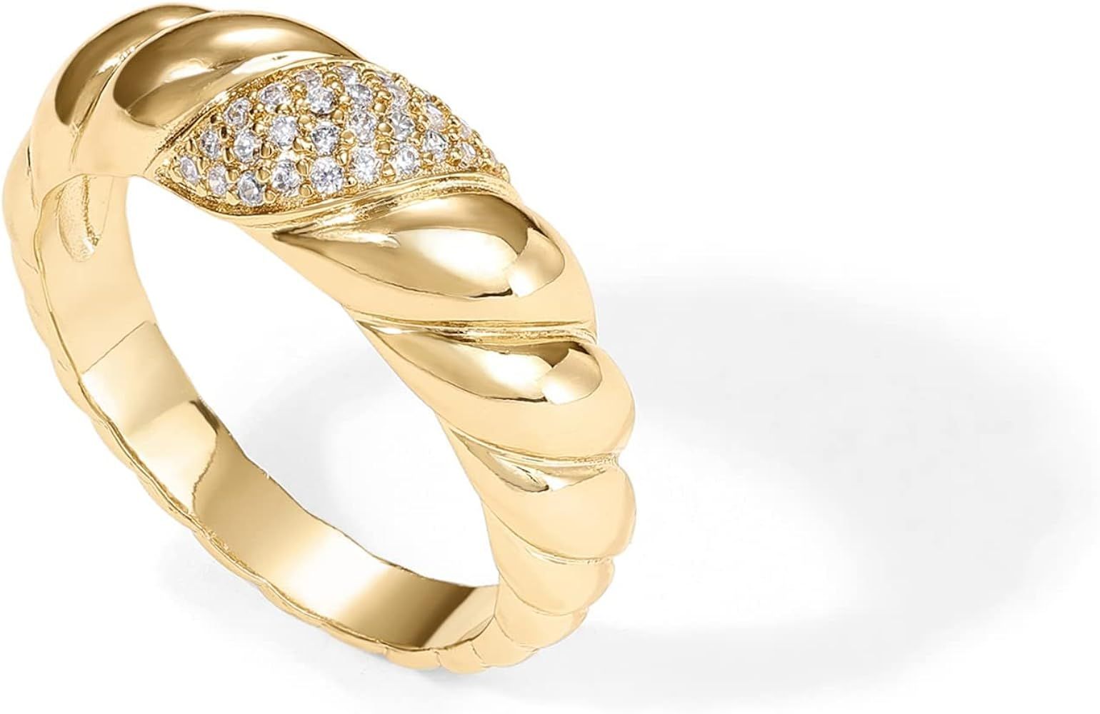 PAVOI 14K Gold Plated Croissant Dome Ring | Twisted Braided Gold Plated Ring | Chunky Signet Ring... | Amazon (US)