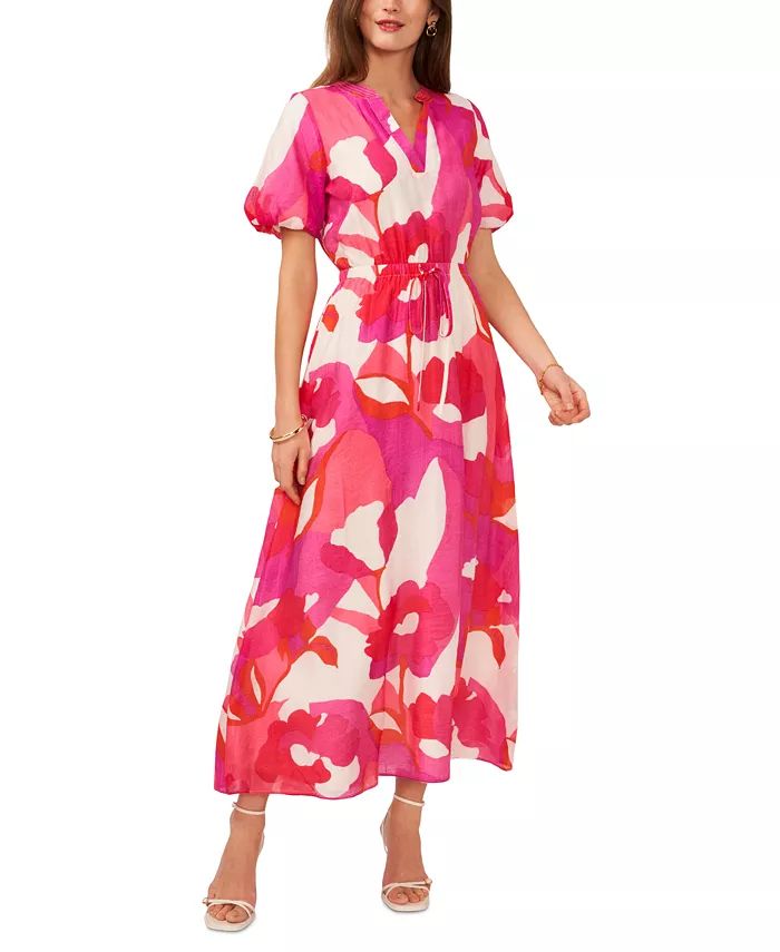 Vince Camuto Women's Printed Split-Neck Puff-Sleeve Dress - Macy's | Macy's