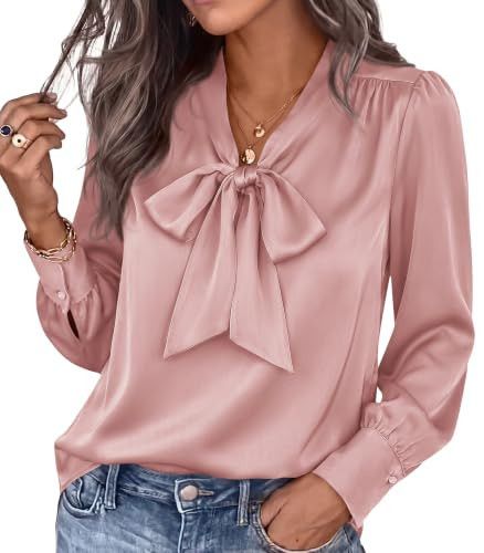 BTFBM Women Satin Blouses Bow Tie Work Business Casual Tops,Pink,S | Amazon (US)
