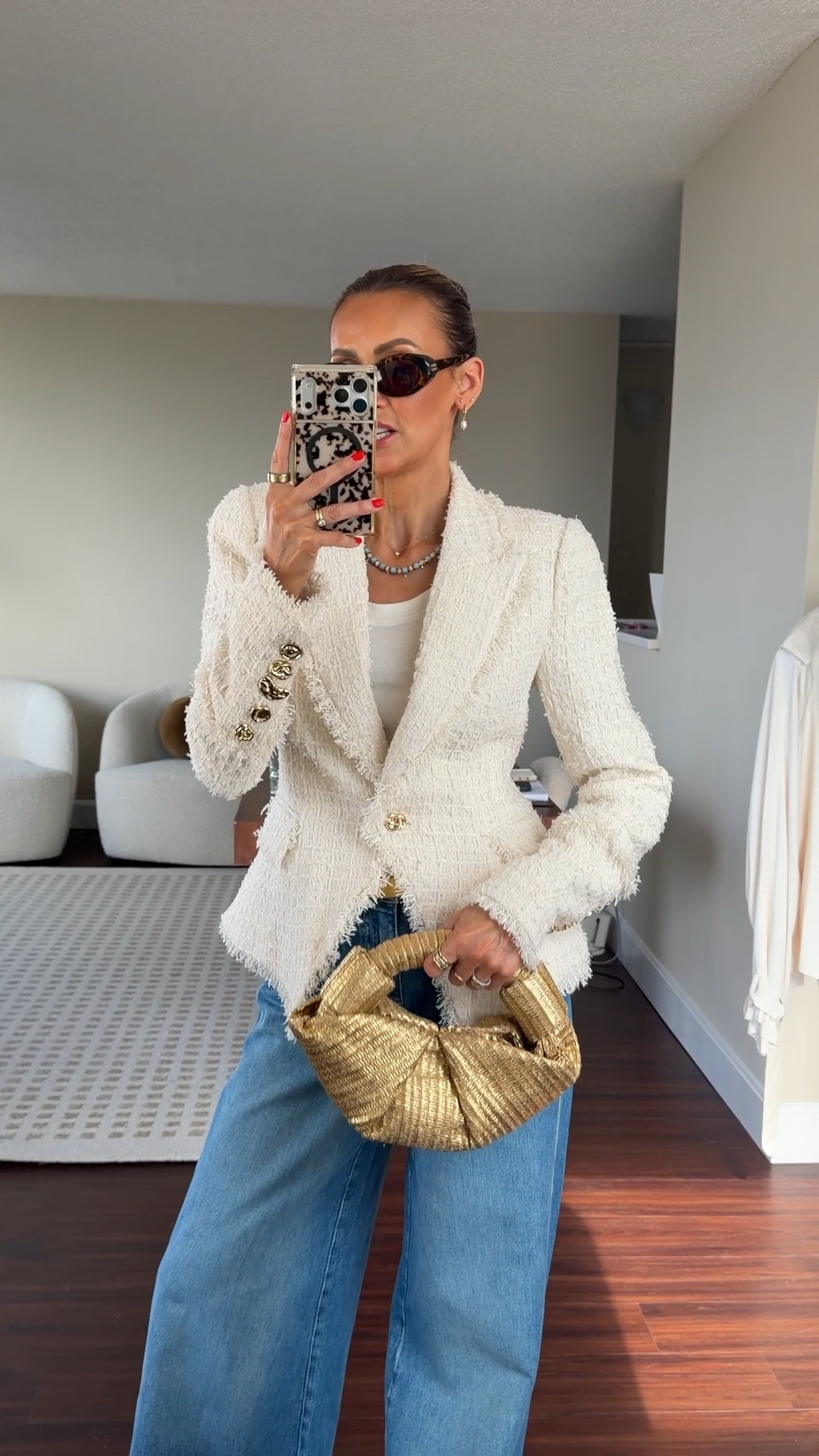 Full outfit on sale! This tweed jacket is a DREAM! Debuted in the spring ‘25 NYFW and featured a cinched waist with gold textured buttons and exaggerated shoulder pads, it’s like Chanel and balmain had a baby! The vintage tee is super soft as well as tags jeans, both fit tts

#LTKootd #LTKSeasonal #LTKSaleAlert