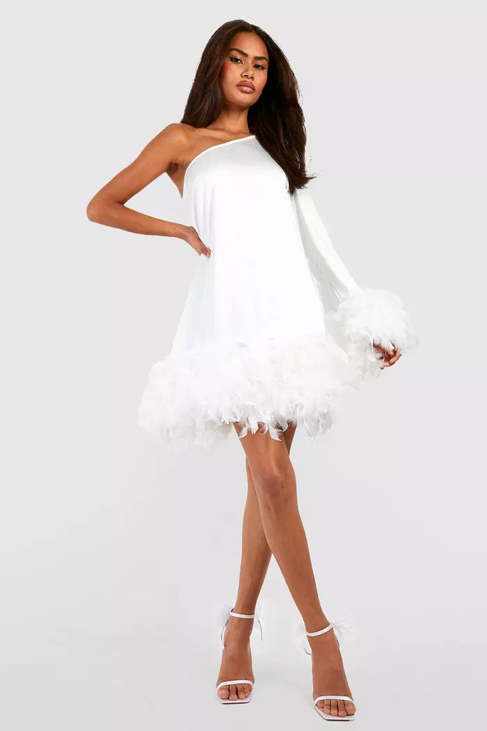 Premium Feather One Shoulder Satin Mini Dress | boohoo (US & Canada)
